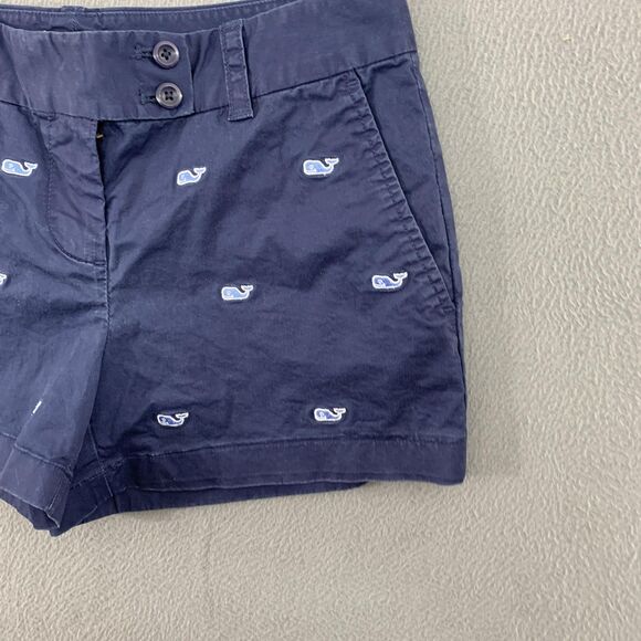 Vineyard Vines Shorts Womens 2 Navy Blue Chino Embroidered Whale Preppy Casual - Picture 2 of 13